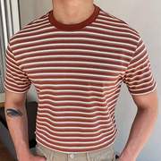 2023欧美夏季大码男士针织衫红色条纹短袖T恤潮Men's T-Shirt