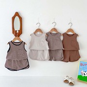 女童薄款清凉外出两件套婴童衣服儿童夏季韩版无袖背心纯色套装