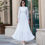 白色雪纺长裙女2024春季经典款拍照超仙长袖到脚踝超长连衣裙