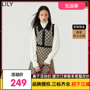 商场同款lily2022冬女装复古别致提花修身高腰针织连衣裙