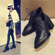 2022日本黑色小皮鞋女英伦，风秋冬尖头，系带高跟鞋真皮气质