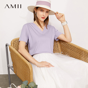 Amii2024年夏季薄荷凉感小冰T恤直筒V领短袖纯色丝光全棉上衣