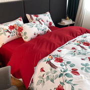 高档中式婚庆四件套，大红色纯棉印花被套全棉，结婚床单床笠床上用品
