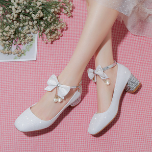 女童公主鞋白色皮鞋，2024春秋小女孩演出单鞋，水晶鞋子女儿童高跟鞋
