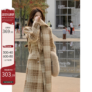 N1N1YES韩式复古格子西装领毛呢外套女秋冬双排扣长款气质大衣潮