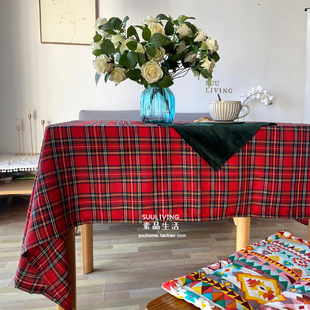 复古美式红色英伦ins墨绿格子餐桌布家用茶几布艺台布料盖布装饰