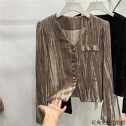 韩国黑色金丝绒小香风衬衫，外套女秋冬质感，高级感v领短款打底上衣