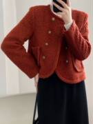 红色小香风西装毛呢外套，女秋冬法式小个子，双排扣夹棉加厚短款上衣