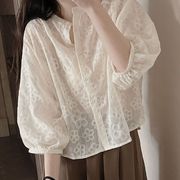 韩版仙气设计感蕾丝刺绣花朵洋气圆领宽松泡泡袖衬衫女