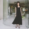 Cherrykoko2024夏季无袖连衣裙长款设计感气质韩版黑色蛋糕裙长裙