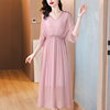 高级感真丝桑蚕丝连衣裙2024茶歇法式气质裙高端精致粉色长裙
