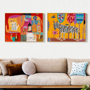 墙蛙抽象色彩美式挂画欧式田园，餐厅装饰画油画客厅，背景墙有框壁画