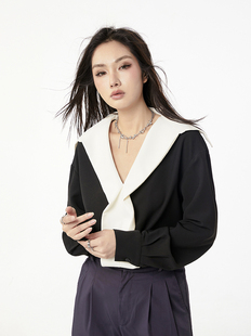  撞色雪纺衬衫女秋季气质高级设计感长袖法式独特别致上衣