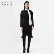 AtelierMissLu设计师品牌高腰黑色长袖显瘦春秋连衣裙