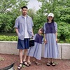 亲子装夏装短袖衬衫，2024韩版一家三口全家，休闲母女条纹连衣裙