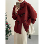 ZHICOGNXI 新年战袍红色连帽牛角扣外套女中长款双面羊绒大衣