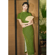唐之恋2024高档旗袍绿色，连衣裙长款夏女高贵新中式，改良连肩袖