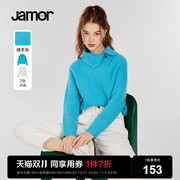 Jamor冬季半高领蓝色白色针织衫女小众开叉简约时尚毛衣