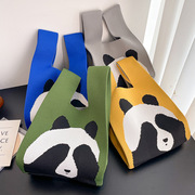 可爱熊猫针织手提包便捷卡通毛线，女包夏季时尚，韩版百搭托特饭盒包