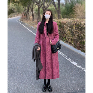 冬季韩版名媛风，西装外套女长款高级感玫红色加厚斗篷大衣