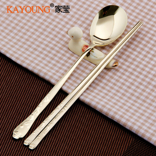 韩国进口KY镀钛松鹤勺筷餐具不锈钢勺筷套装成人餐具勺筷套装金色