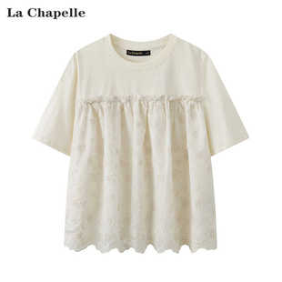 拉夏贝尔/La Chapelle春夏米白色拼接蕾丝T恤女花朵短袖上衣