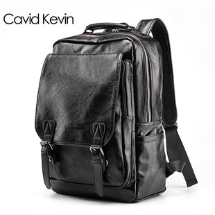 cavidkevin欧美时尚男士双肩，包牛皮(包牛皮)休闲电脑包，学生商务真皮背包
