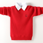 红色男童毛衣衬衫领秋冬款儿童中大童针织衫春秋款线衣男孩打底衫