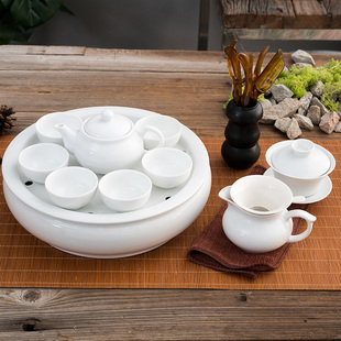 家用纯白功夫陶瓷茶具套装，带盖碗茶壶圆形茶船储水茶盘组合