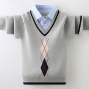 男童毛衣假两件秋冬款衬衫领中大童套头线衣，加绒加厚儿童针织衫潮