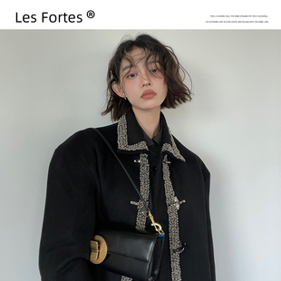 Les Fortes/23AW 秋冬季黑色珍珠装饰廓形毛呢夹克宽松衬衫外套女