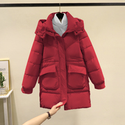 酒红色羽绒棉服女中长款韩版冬季宽松棉衣，加厚小个子棉袄外套
