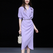 夏季女装2024气质浅紫色修身收腰显瘦衬衫连衣裙长裙包臀