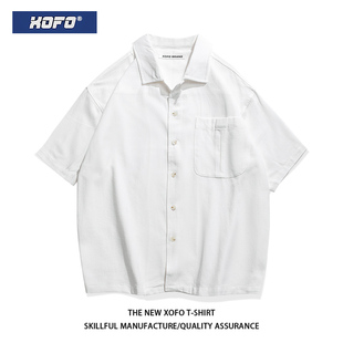 XOFO夏季日系短袖衬衫白色宽松男士纯棉工装休闲百搭半袖衬衣男潮