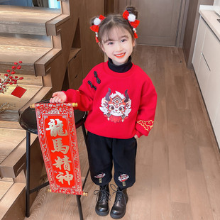 女童拜年服冬季2024儿童洋气中国风红色加绒加厚冬装唐装套装