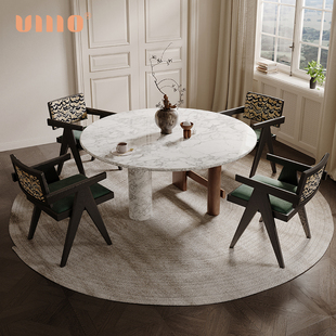 ULLLO 法式复古创意餐桌大平层别墅圆形大理石餐桌设计师吃饭桌子