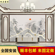 新中式电视背景墙壁纸水墨山水壁画，客厅简约沙发，茶室壁布无缝墙布
