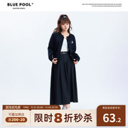蓝池bluepool胖mm学院风针织，开衫女秋季修身显瘦大码黑色毛衣外套