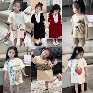 小七baby男女童亲子卡通印花短袖T恤丝绒娃娃领公主生日裙子YY01