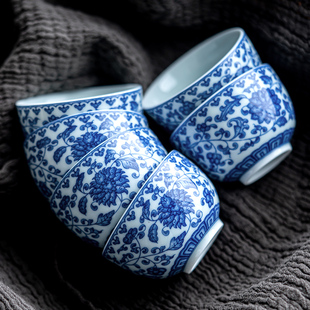 青花瓷小茶杯6个装家用陶瓷，品茗杯功夫茶杯，套装喝茶杯个人杯茶盏