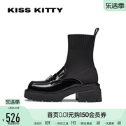 KISSKITTY靴子女秋厚底短靴袜靴粗跟乐福许愿币弹力靴