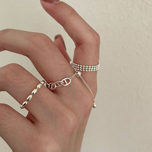 韩版s925银创意抽拉小巧戒指，女复古时尚，花朵链条流苏猪鼻子食指环