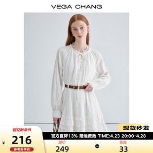 VEGA CHANG白色连衣裙女2024年春季法式优雅花边系带蛋糕裙子