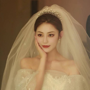 头纱新娘主婚纱白色求婚高级感2023年结婚配饰超仙气森系
