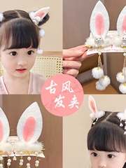 新中式女童精美古装玉兔兔耳发卡头饰小兔子卡通头毛绒发夹子边夹
