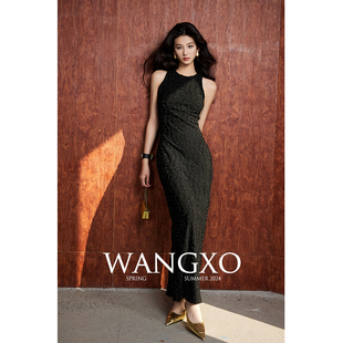 wangxo丨定制弹力亮丝流苏方格，丨圆领收腰连衣裙无袖短袖双版本