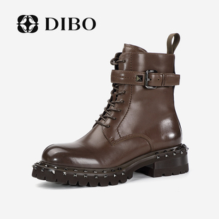 DIBO碲铂2023年秋季英伦风铆钉机车靴真皮短靴平跟马丁靴女