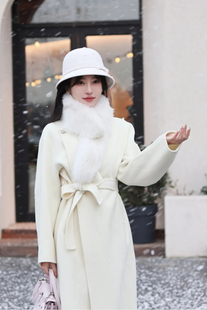 留洋千金2023冬季双面羊绒，大衣女长款毛呢狐狸毛白色(毛，白色)毛领外套