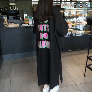 2023夏季韩国东大门字母宽松大码蝙蝠袖长款蝙蝠袖短袖T恤裙女棉