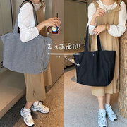 清新格子+纯色双面单肩帆布包学生书包女大容量两用购物袋棉